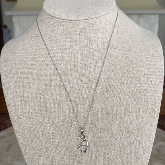 Ben Moss 10K White & Rose Gold & Diamonds Two Hearts Necklace Minimalist - Picture 6 of 10